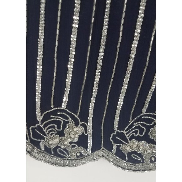 Vintage Judith Ann Creations Sz. S Sequin & Silk 3 Piece Navy & Silver Skirt Set - Picture 7 of 10
